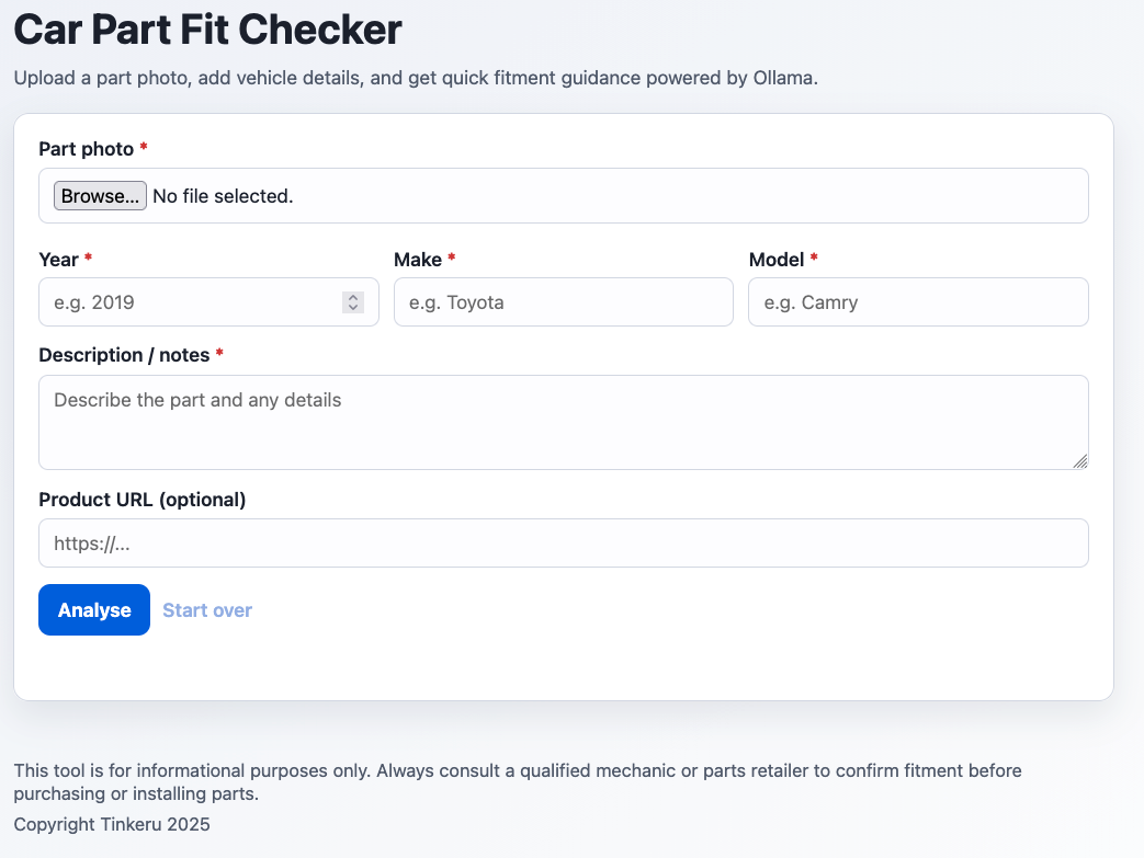 Empty state for the AI Auto Parts Fit Checker