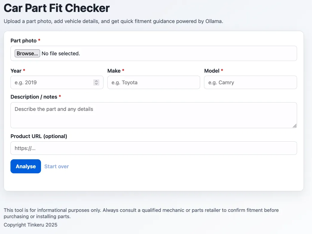 Empty state for the AI Auto Parts Fit Checker