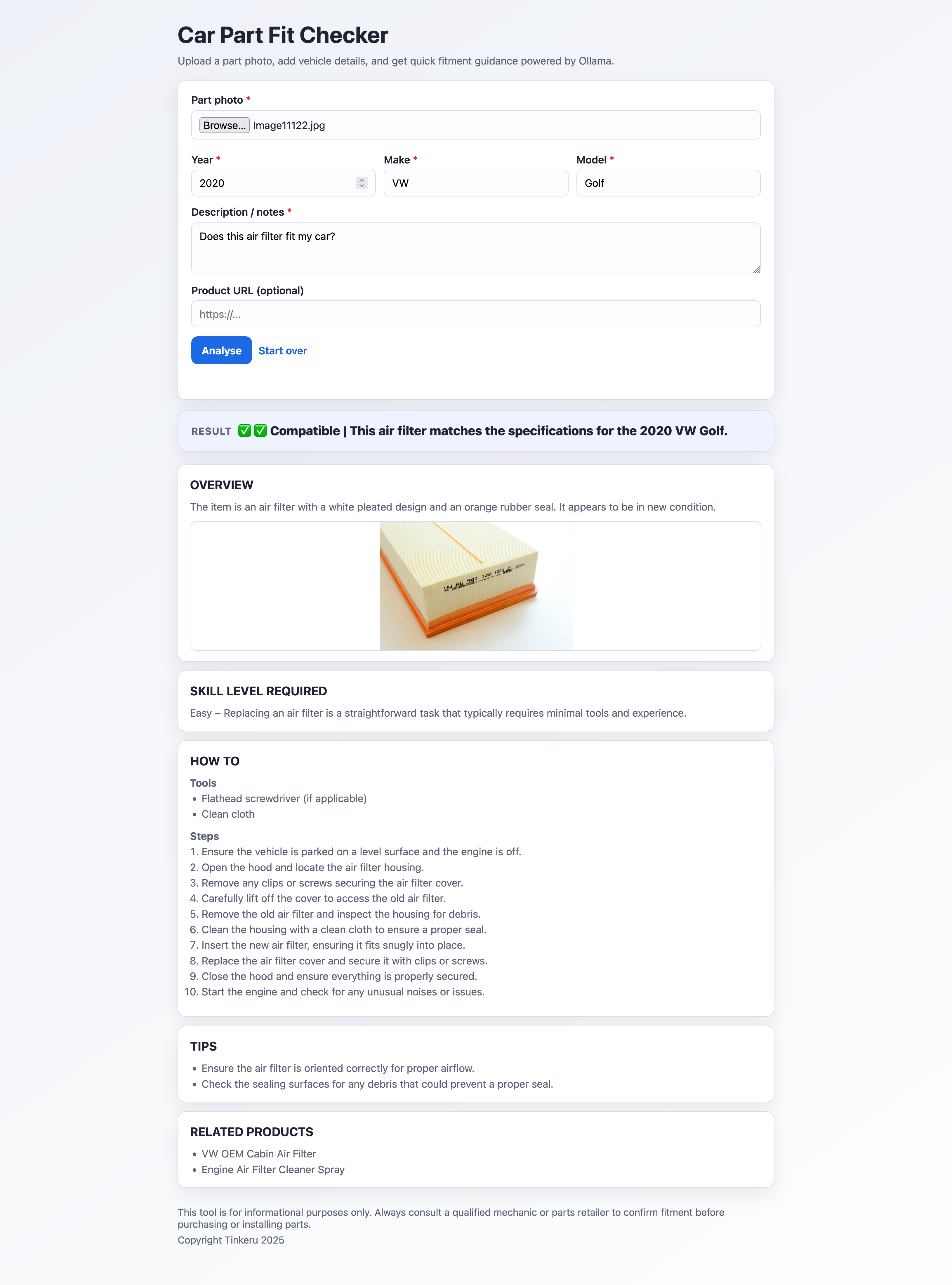 Results view for the AI Auto Parts Fit Checker