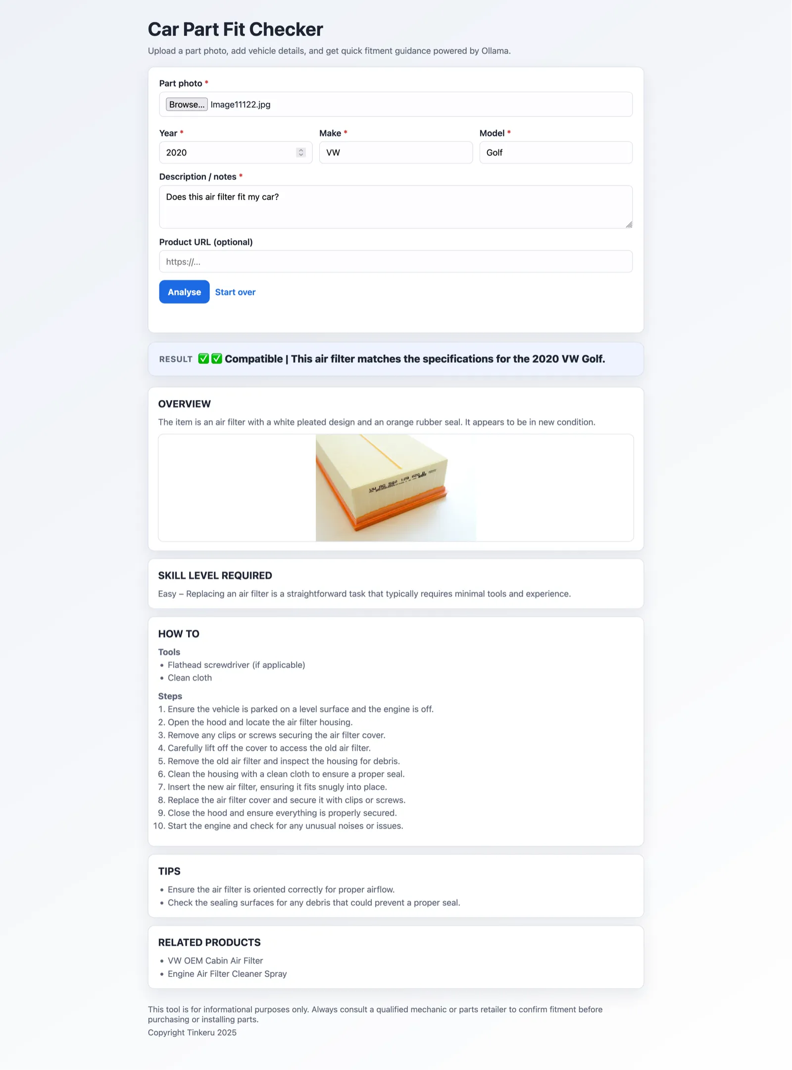Results view for the AI Auto Parts Fit Checker
