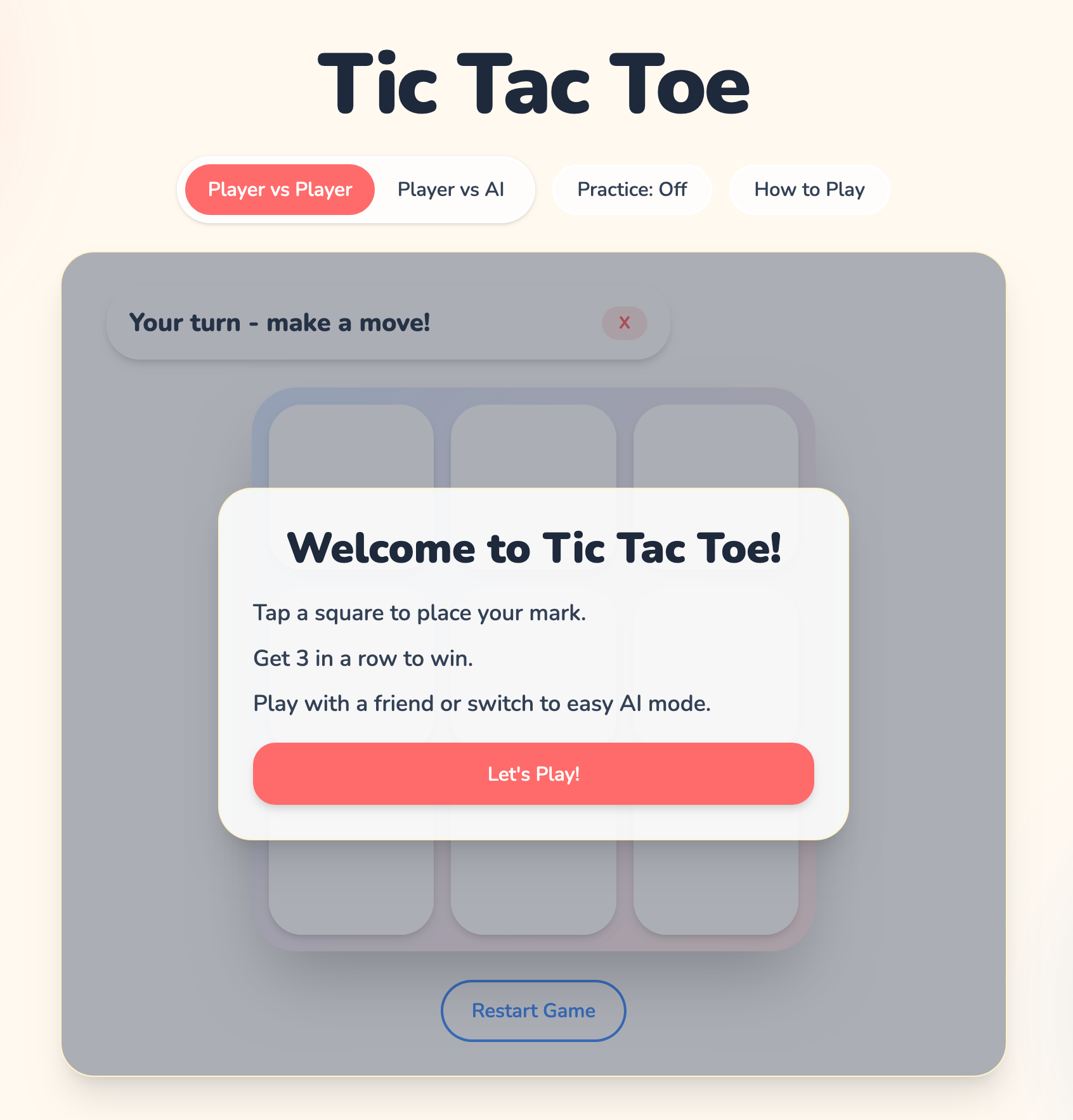 Tic Tac Toe board interface from the live app